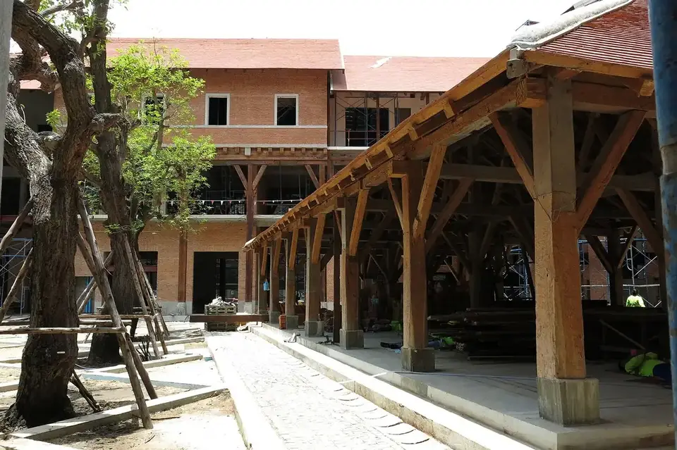 The brick buildings and timber pavilion of One Nimman on Nimmanhaemin Road, Chiang Mai