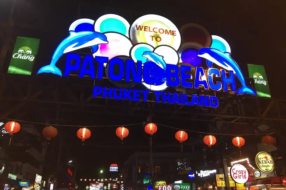 The neon welcome arch of Bangla Walking Street in Patong at night