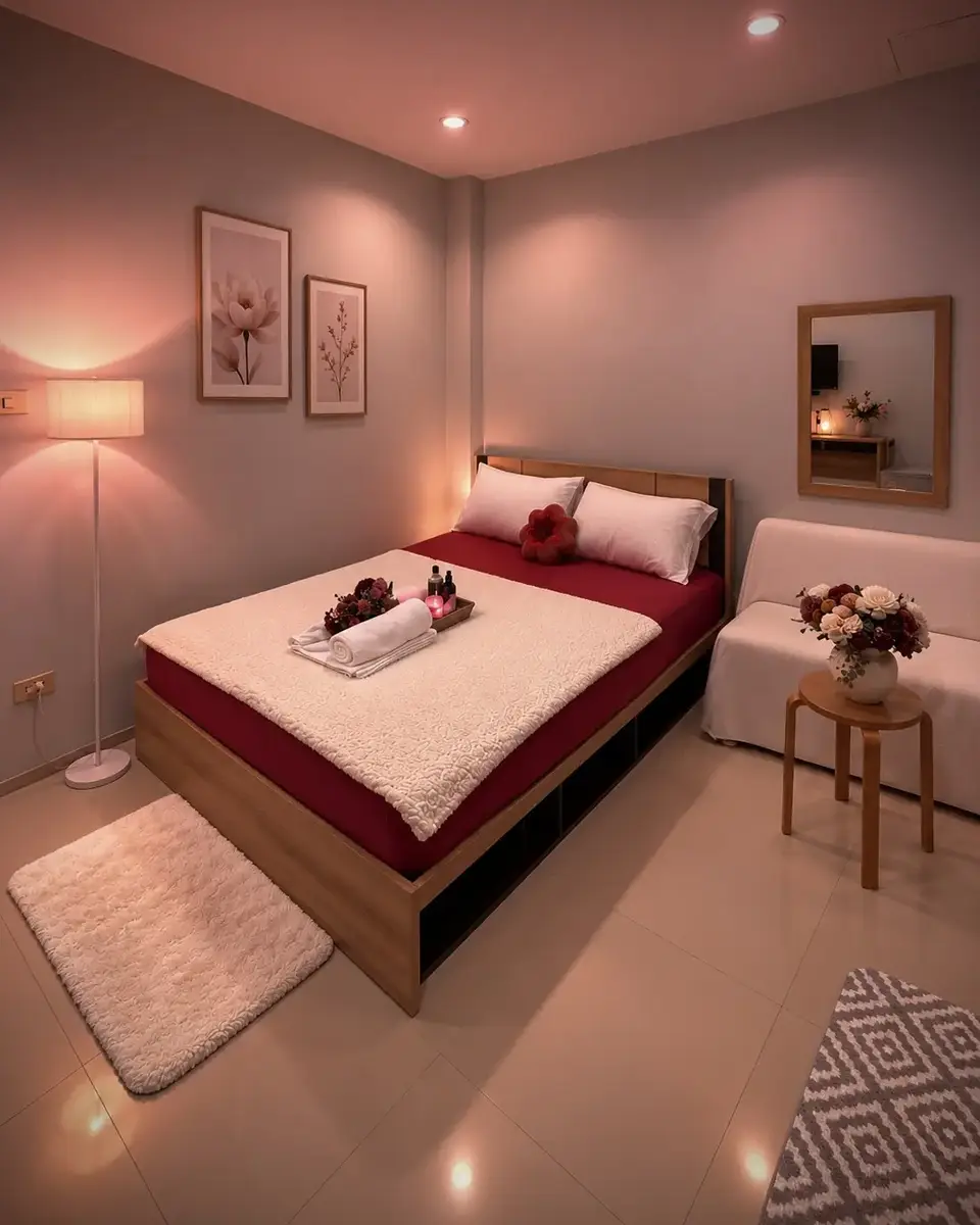 Monviman Massage: pink room with a double bed and lamp